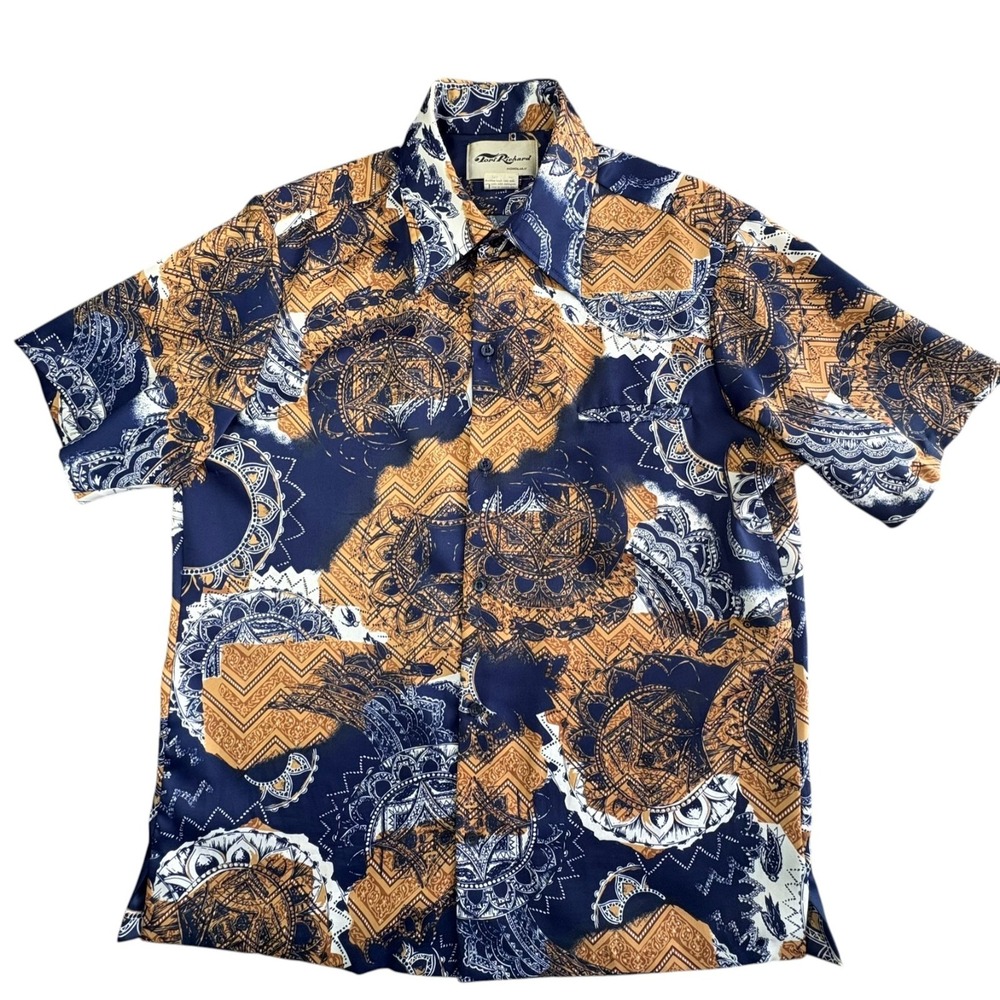 Vintage 70s Tori Richard Hawaiian Shirt Mens‎ L Blue Brown Mandala Geometric